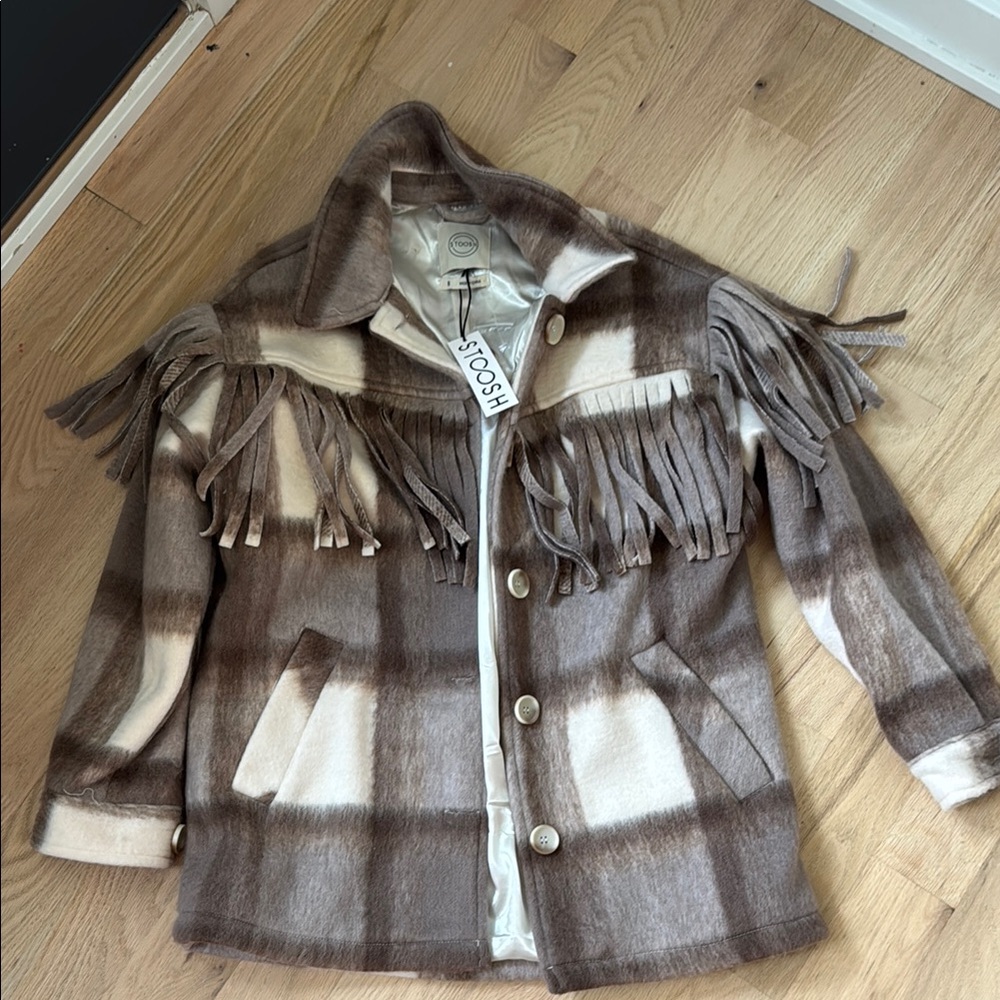 Stoosh Brown Plaid Fringe Jacket